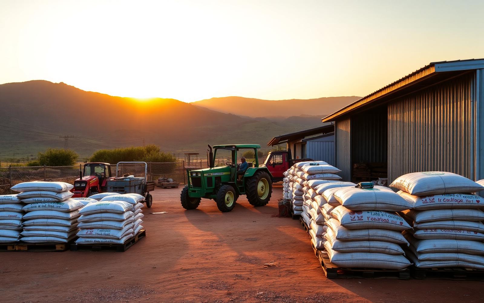 Feed bags stacked at the BB Feeds yard with a tractor and Lowveld hills at sunset