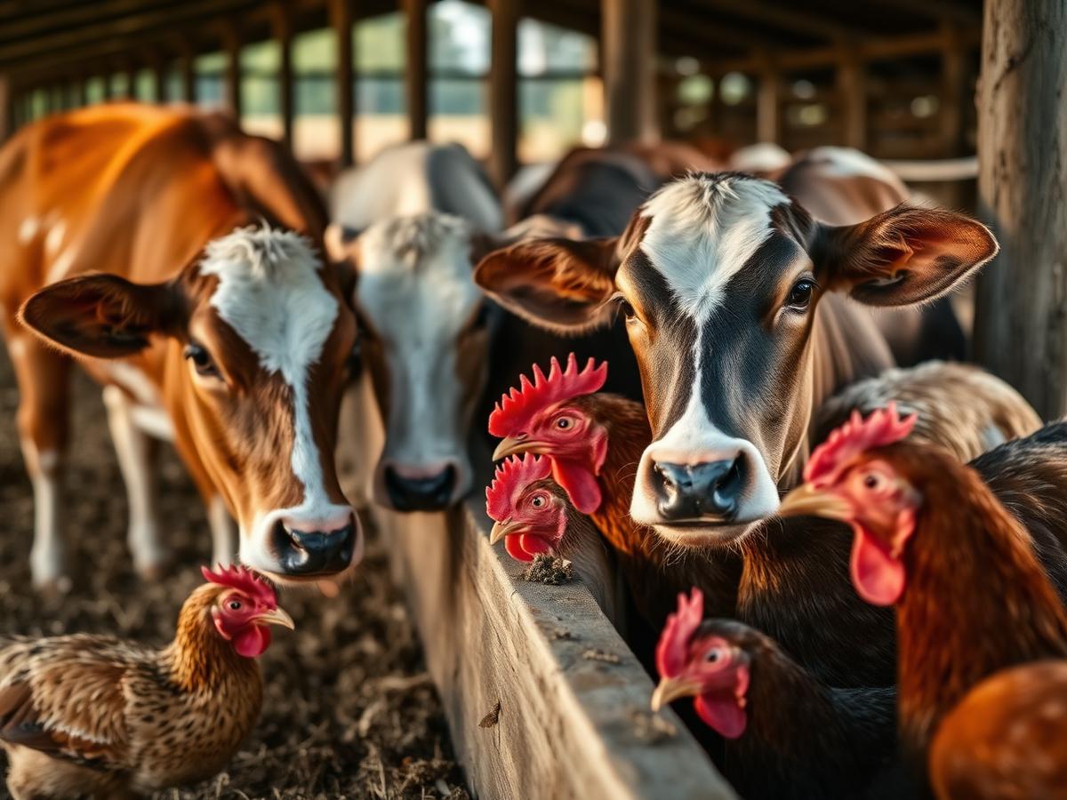 Cattle and chickens feeding at a farm trough